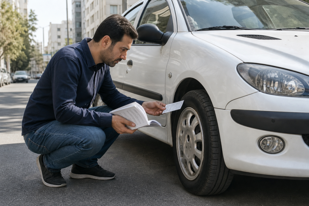 رانندهای مرد کنار تایر یک خودرو پژو 206 در تهران، برچسب مشخصات تایر را بررسی میکند و دفترچه خودرو را در دست دارد.